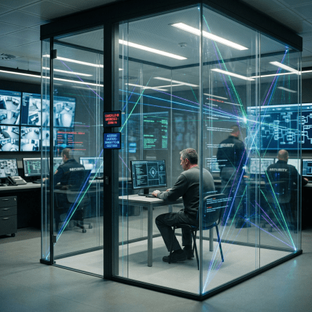 Security officer working at computer inside a glass booth with surveillance and data screens around