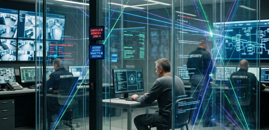 Security officer working at computer inside a glass booth with surveillance and data screens around